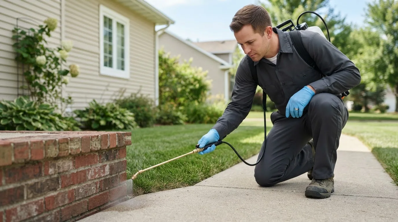 Pest control technician treating a home near Plymouth, FL