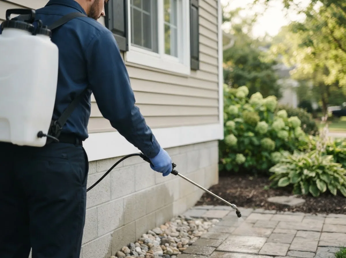 Pest control technician inspecting a home in Plymouth, FL